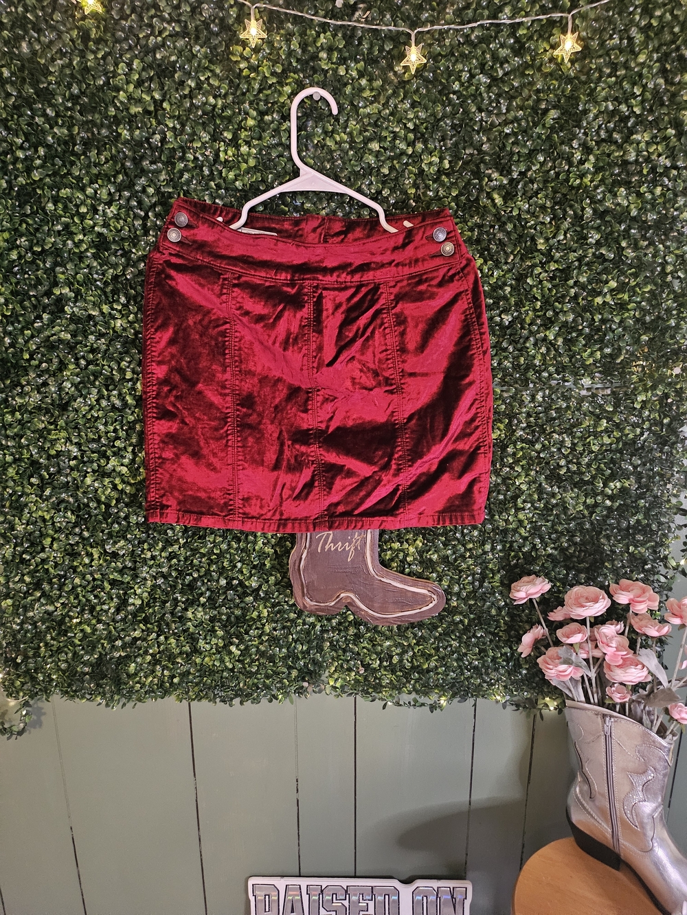 Free People Red Velvet Mini Skirt with Button Detail